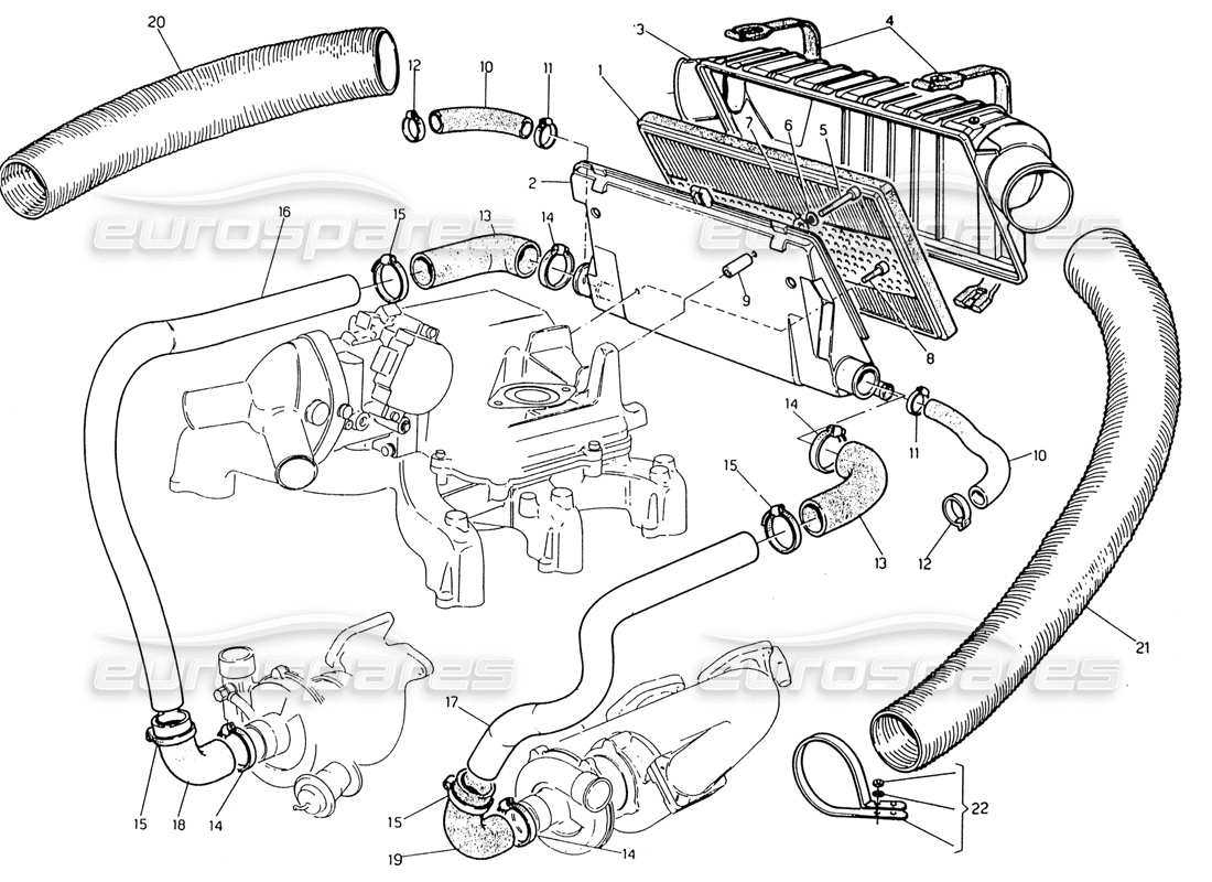 maserati 222 / 222e biturbo teilediagramm für luftfilter und leitungen