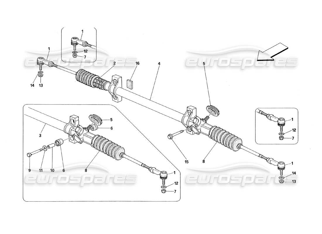 ferrari 348 (1993) tb / ts teilediagramm für lenkgetriebe und gestänge