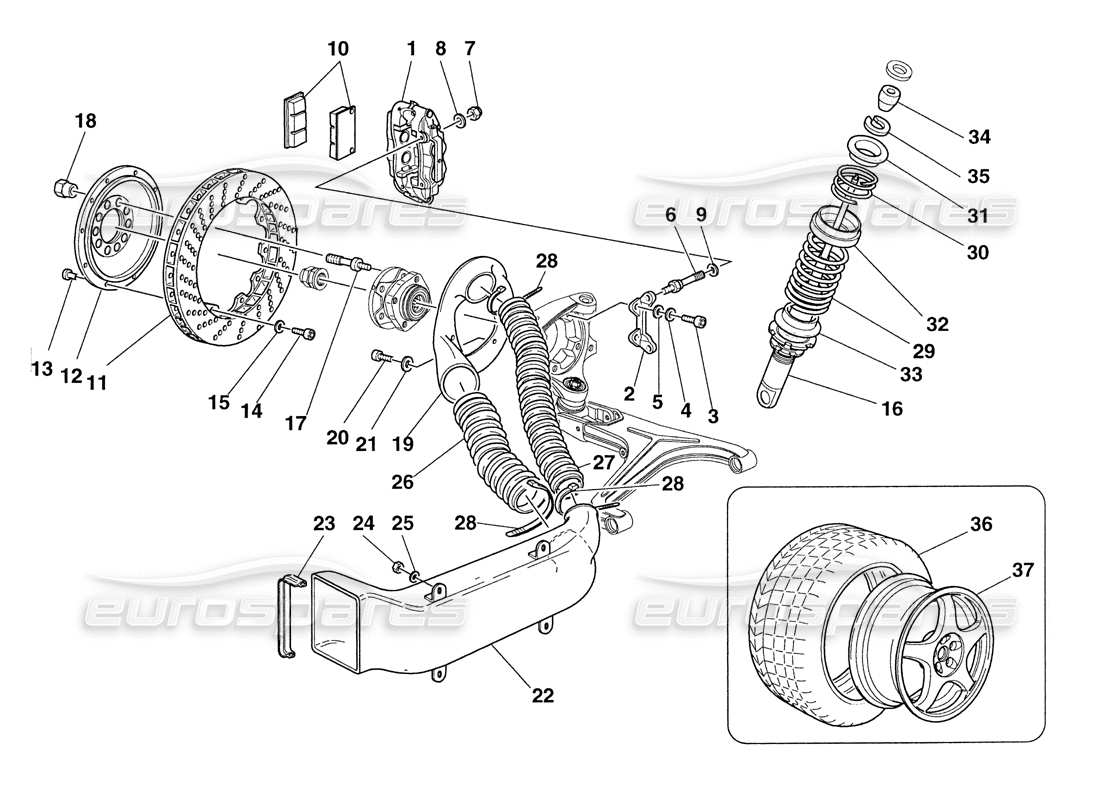 ferrari 355 challenge (1999) bremsen - stoßdämpfer - frontlufteinlässe - räder - teilediagramm