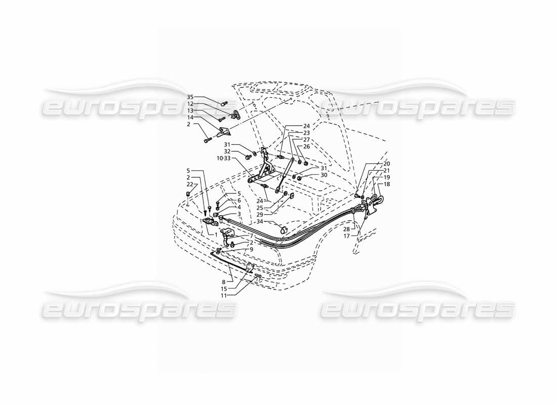 maserati qtp. 3.2 v8 (1999) motorhaube: teilediagramm für scharniere und motorhaubenentriegelung