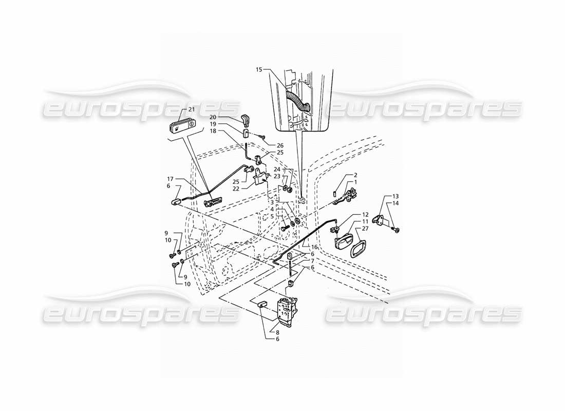 maserati qtp. 3.2 v8 (1999) vordertüren: teilediagramm für scharniere und innere bedienelemente