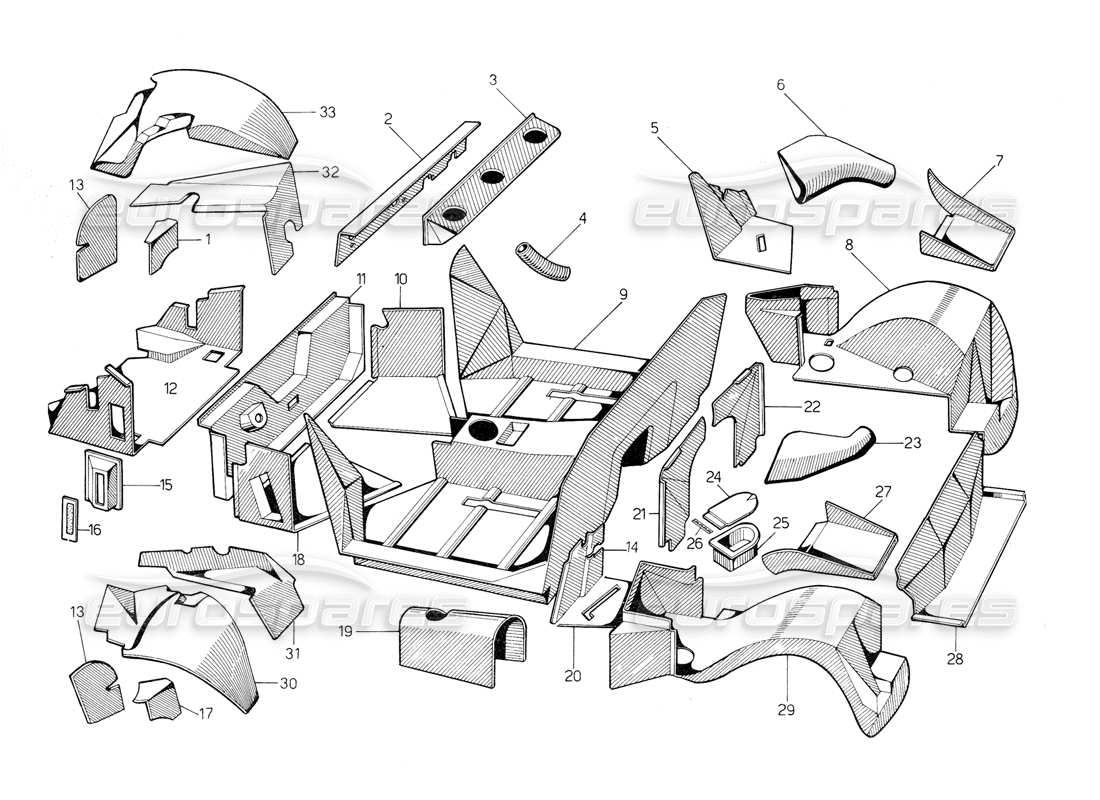 lamborghini countach 5000 qv (1985) teilediagramm für glasfaser-innenverkleidungen