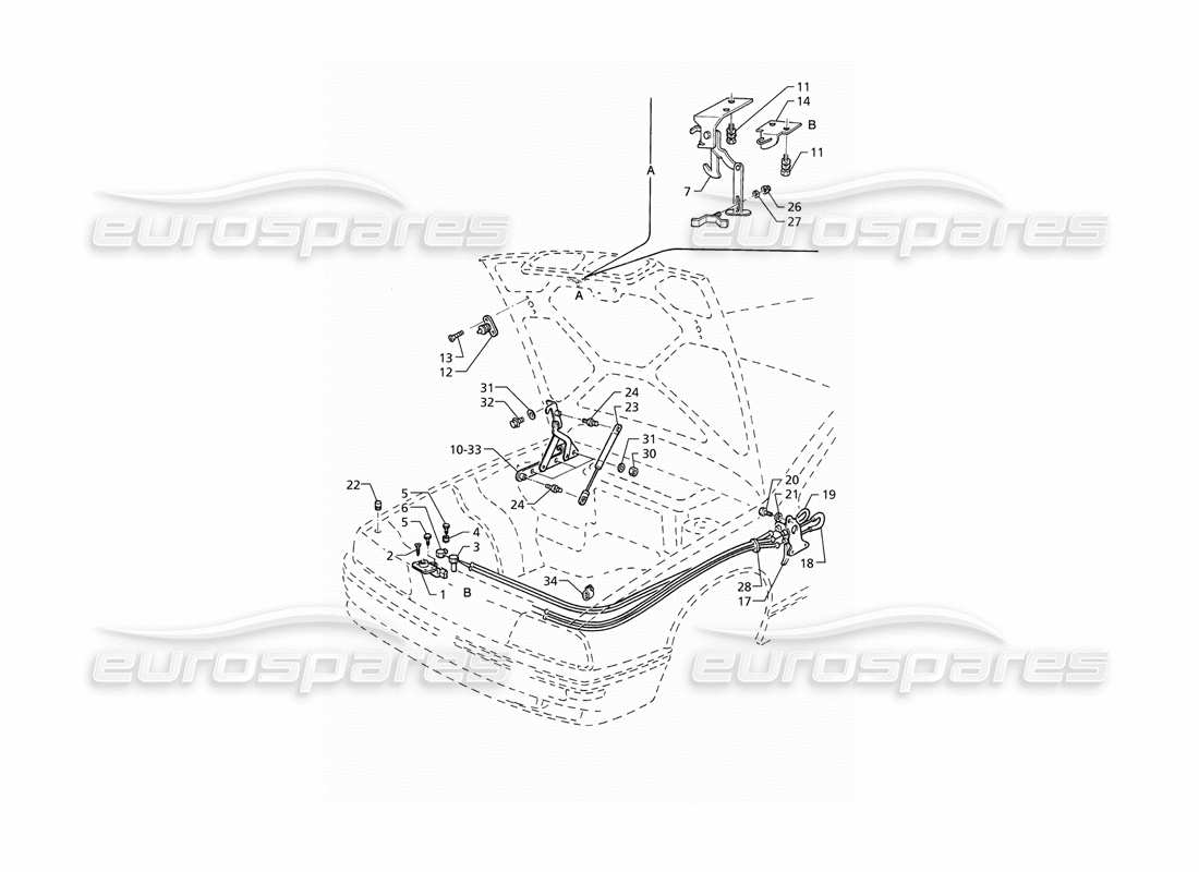 maserati qtp v8 (1998) motorhaube: teilediagramm für scharniere und motorhaubenentriegelung