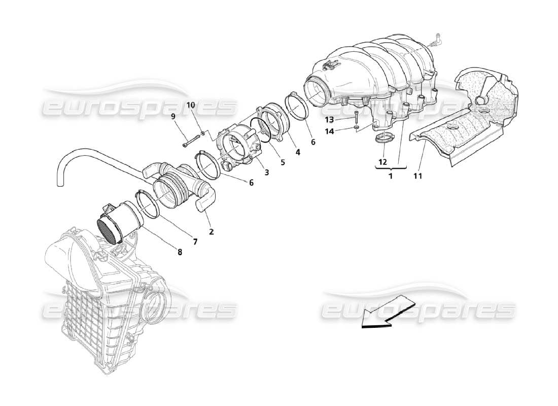 maserati qtp. (2006) 4.2 luftansaugkrümmer und drosselklappenhalter teilediagramm