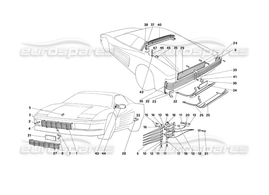 ferrari testarossa (1990) teilediagramm für die externe endbearbeitung