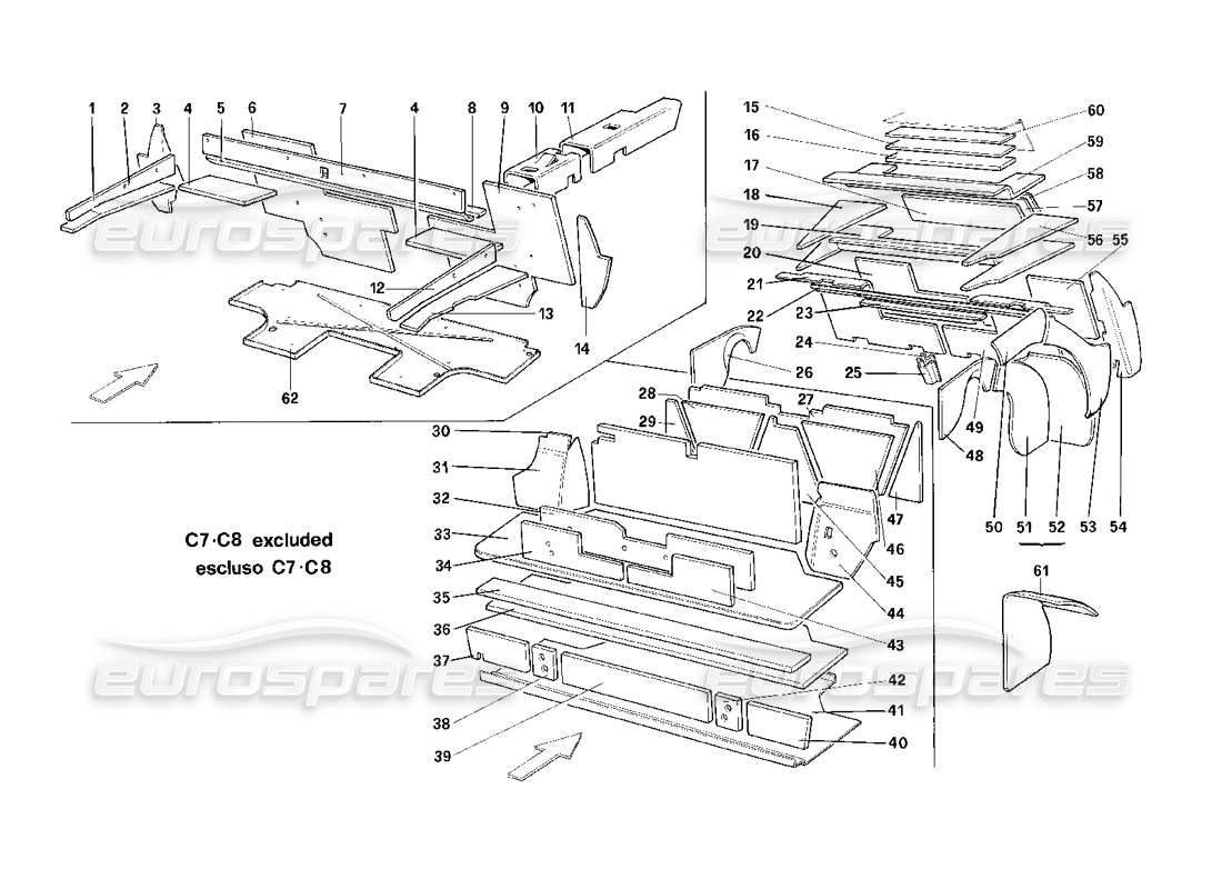 ferrari mondial 3.2 qv (1987) gepäck- und fahrgastraum, isolierung - cabriolet-usa - sa-diagramm ausgeschlossener teile