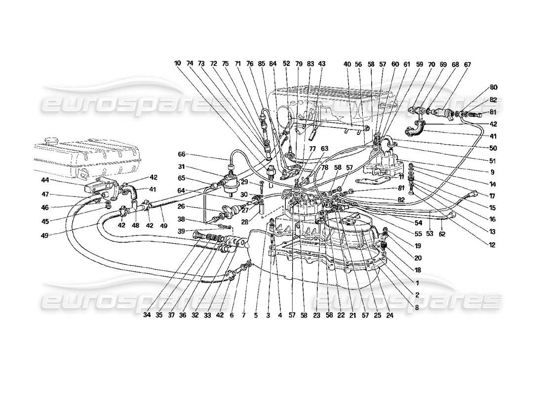 ferrari mondial 3.2 qv (1987) kraftstoffverteilerleitungen (für us-version) teilediagramm