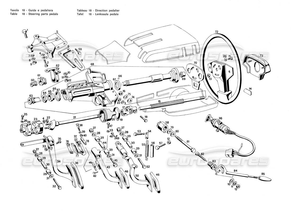 maserati merak 3.0 lenkungsteile und pedale teilediagramm