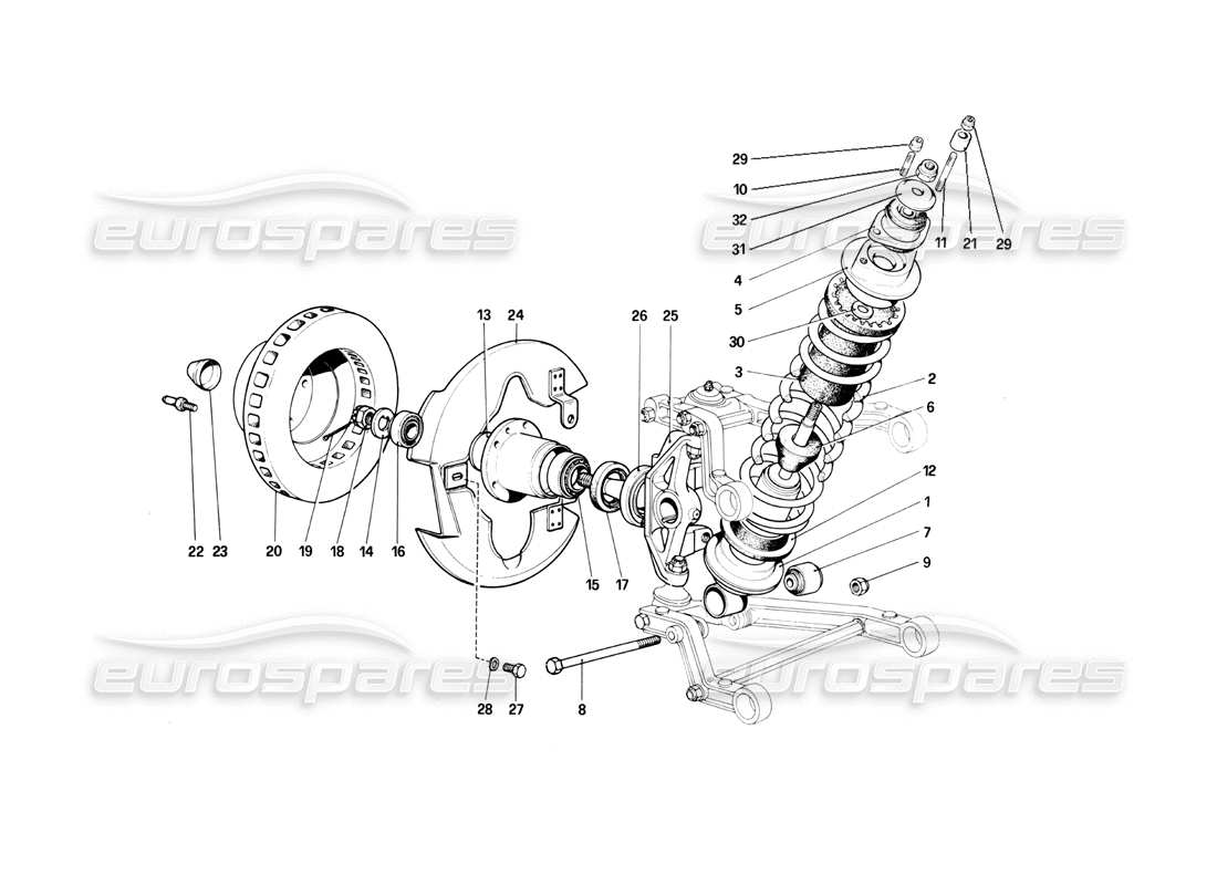 ferrari 400i (1983 mechanical) vorderradaufhängung - teilediagramm stoßdämpfer und bremsscheibe