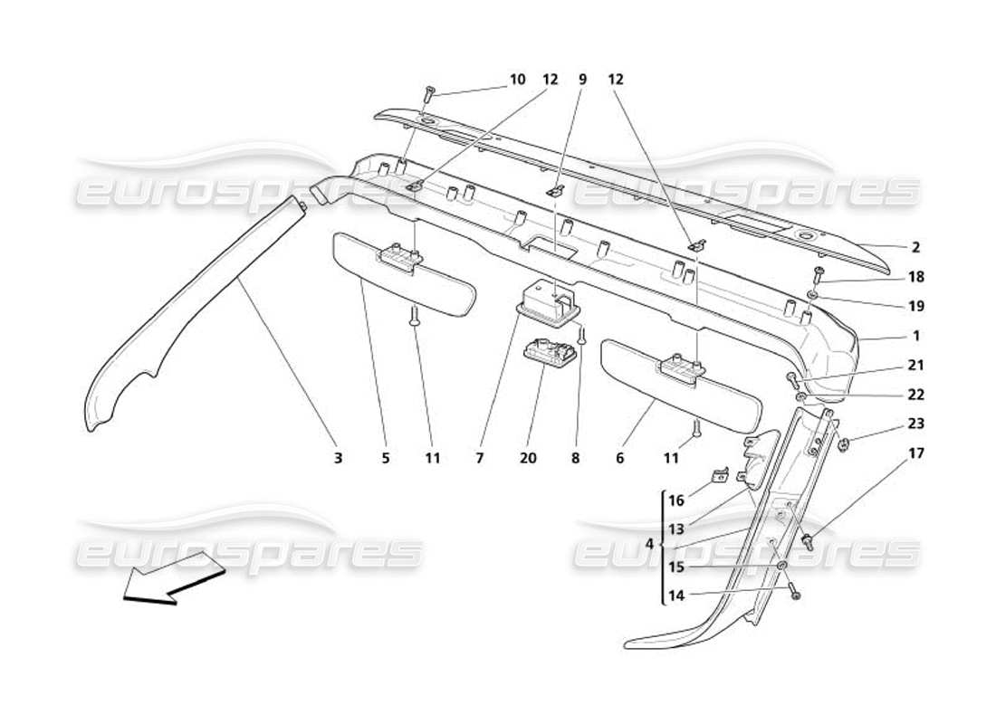 maserati 4200 spyder (2005) teilediagramm für dachpaneelpolster und zubehör