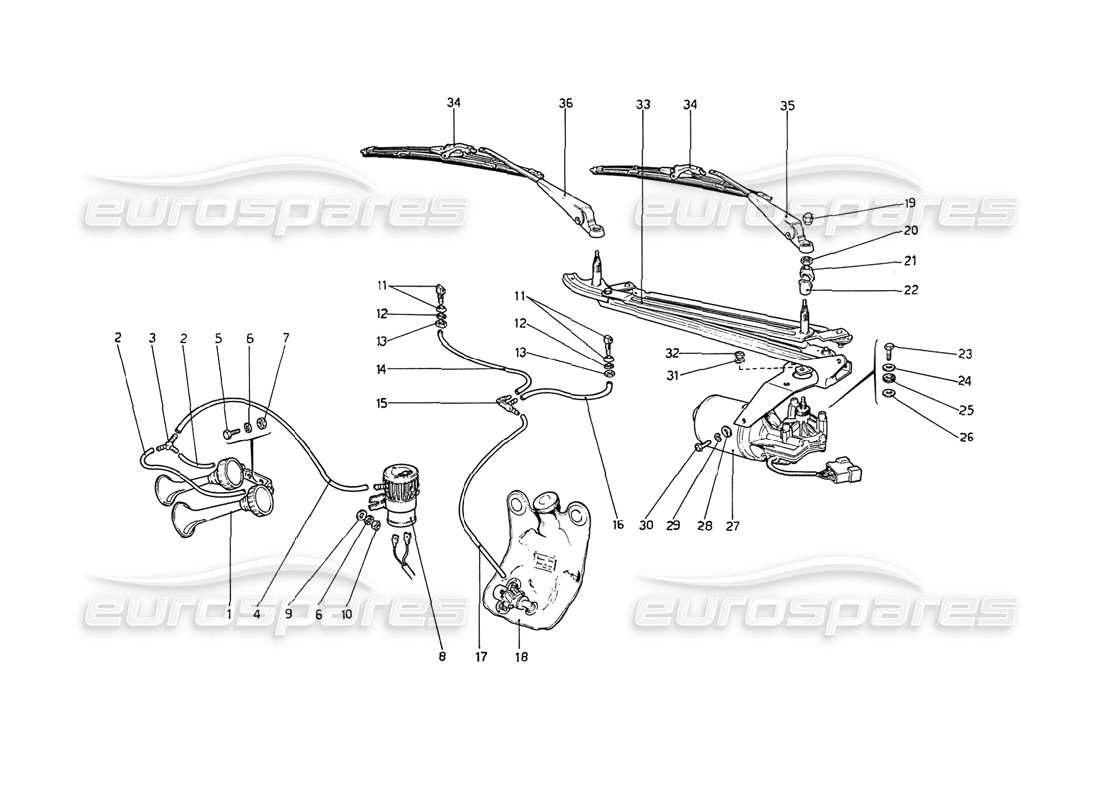 ferrari 208 gt4 dino (1975) teilediagramm für scheibenwischer, scheibe und hupe