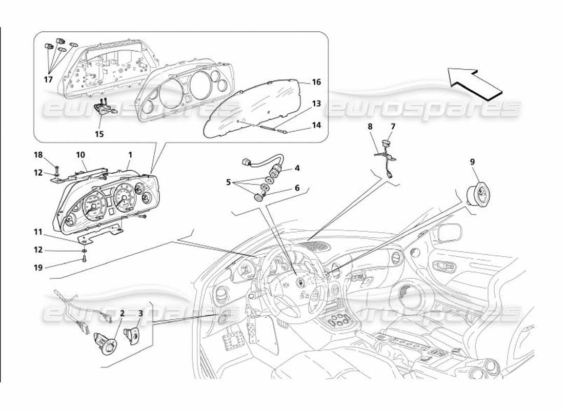 maserati 4200 gransport (2005) teilediagramm für armaturenbrettinstrumente