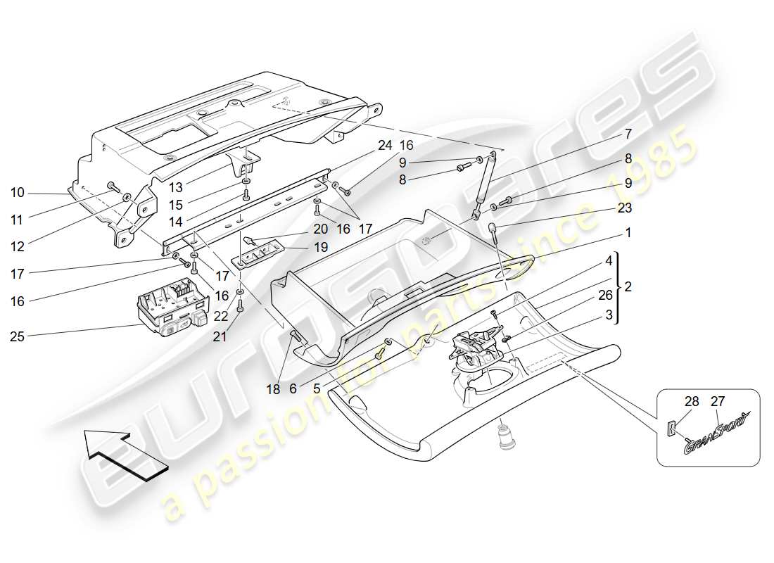 maserati 4200 gransport (2005) teilediagramm für die armaturenbrettschublade
