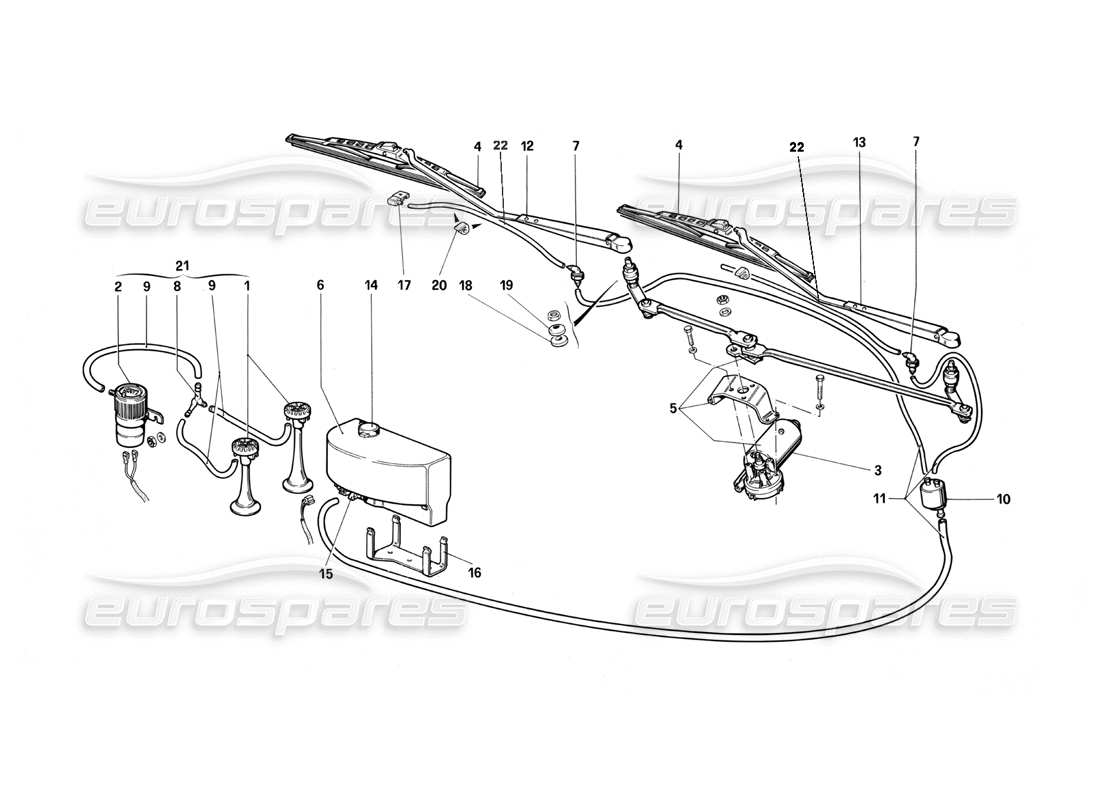 ferrari testarossa (1990) teilediagramm für scheibenwischer, scheibe und hupen