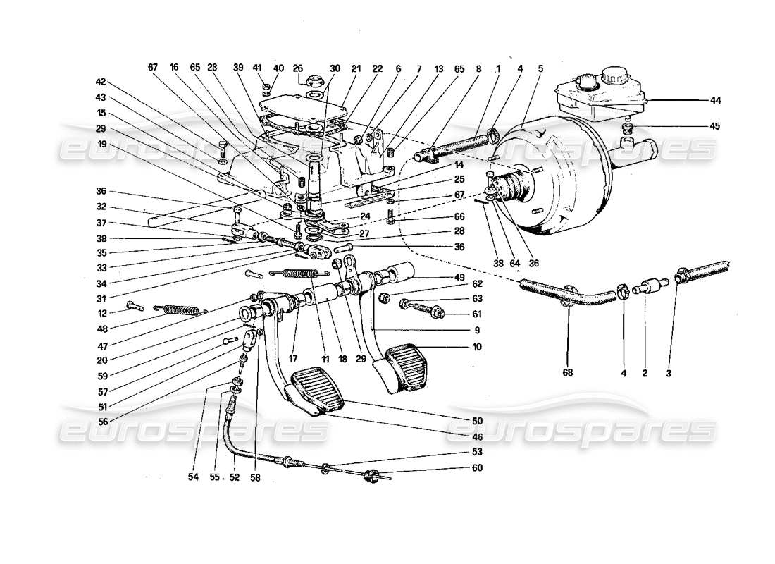 ferrari 308 quattrovalvole (1985) pedalboard - teilediagramm für brems- und kupplungssteuerung