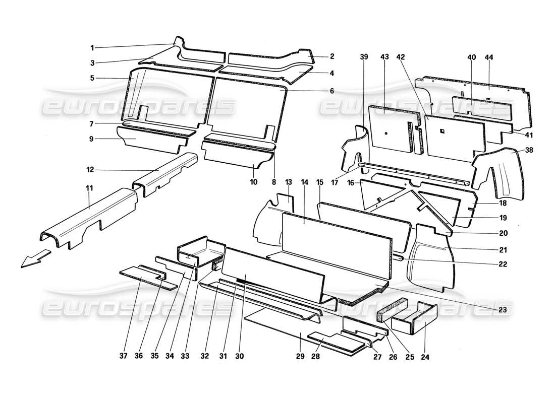 ferrari 328 (1988) isolierung von gepäck und fahrgastraum (bis fahrzeugnummer 66965 - nicht für us - aus - ch87 - sa - j) teilediagramm