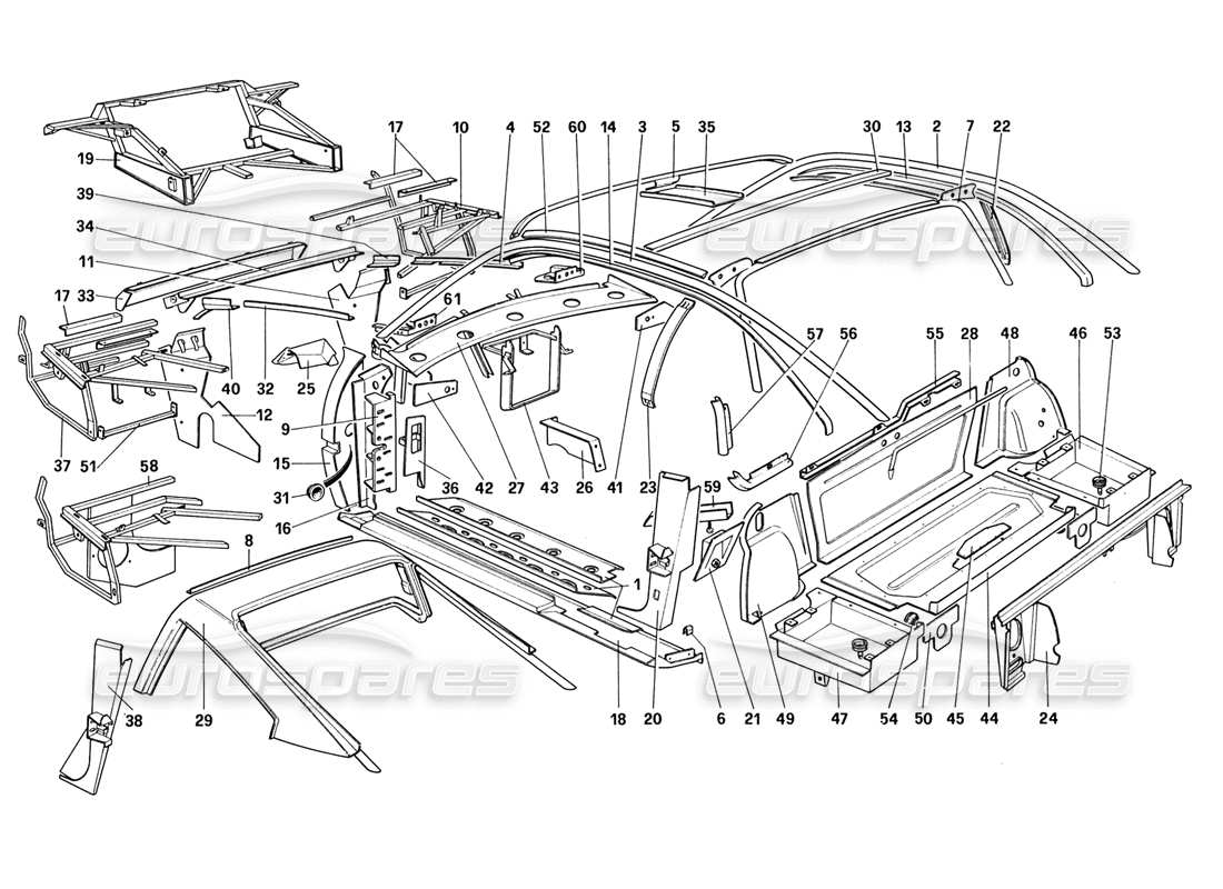 ferrari 328 (1988) karosserie - innenelemente (für us - sa - j) teilediagramm