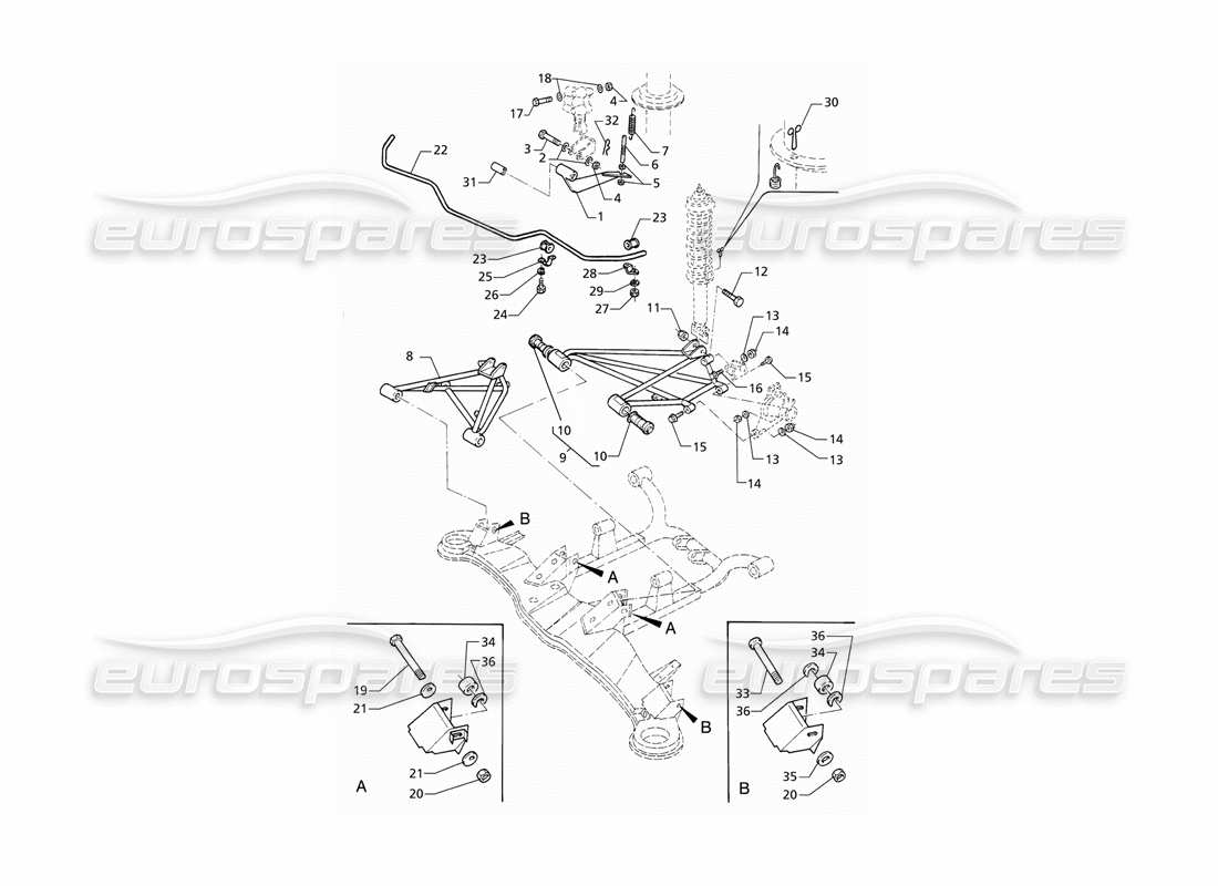 maserati qtp v8 (1998) (post-mod) hinterradaufhängung mit stabilisator teilediagramm