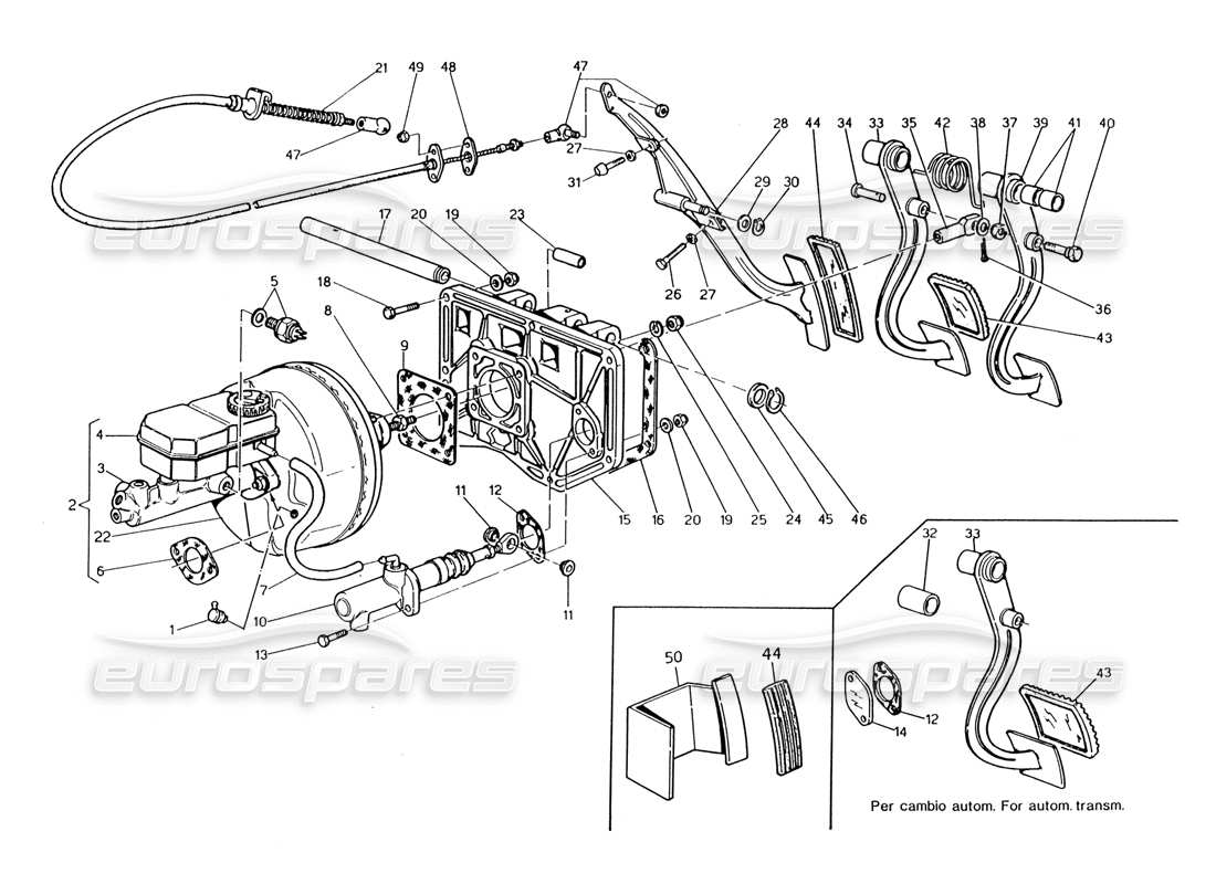 maserati 222 / 222e biturbo pedalbaugruppe - bremskraftverstärker-kupplungspumpe für rechtslenker-teilediagramm