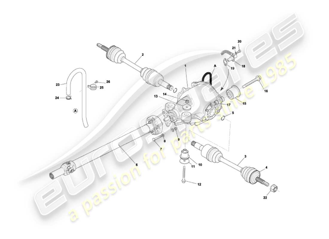 aston martin vanquish (2002) teilediagramm für differentialbaugruppe, antrieb und gelenkwellen