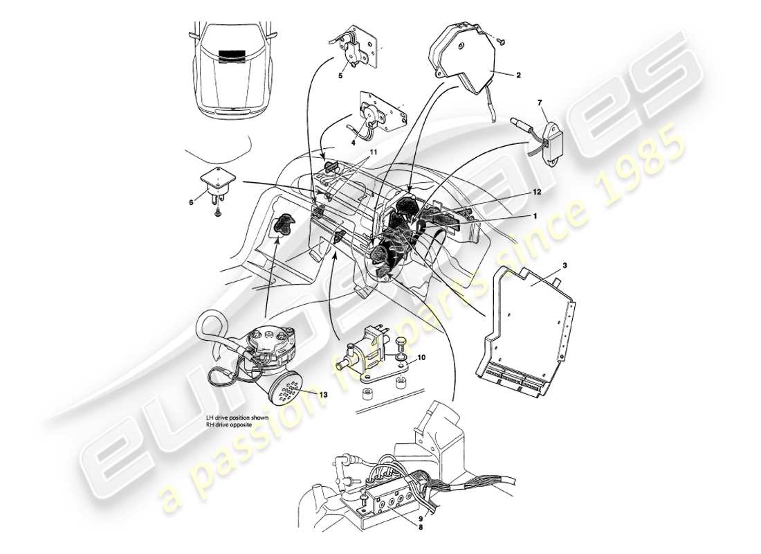 aston martin v8 volante (1997) teilediagramm für sensoren, schalter, magnetspulen, motoren usw.