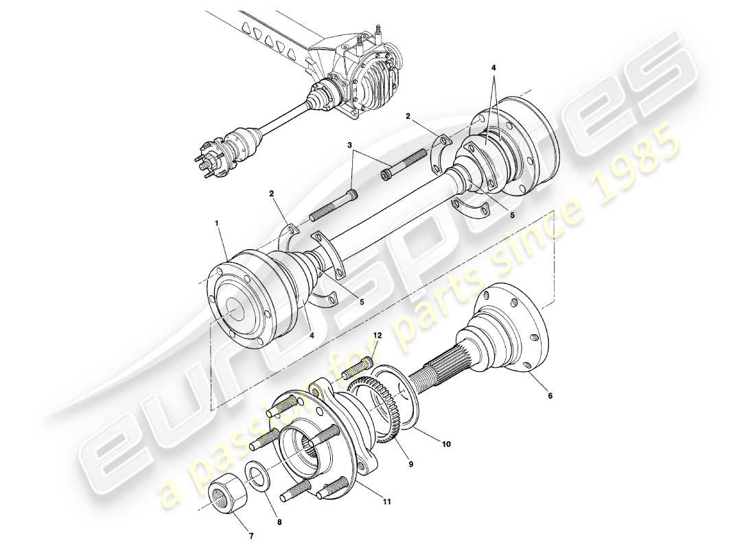 aston martin v8 coupe (2000) teilediagramm für antriebswellen- und nabenbaugruppe