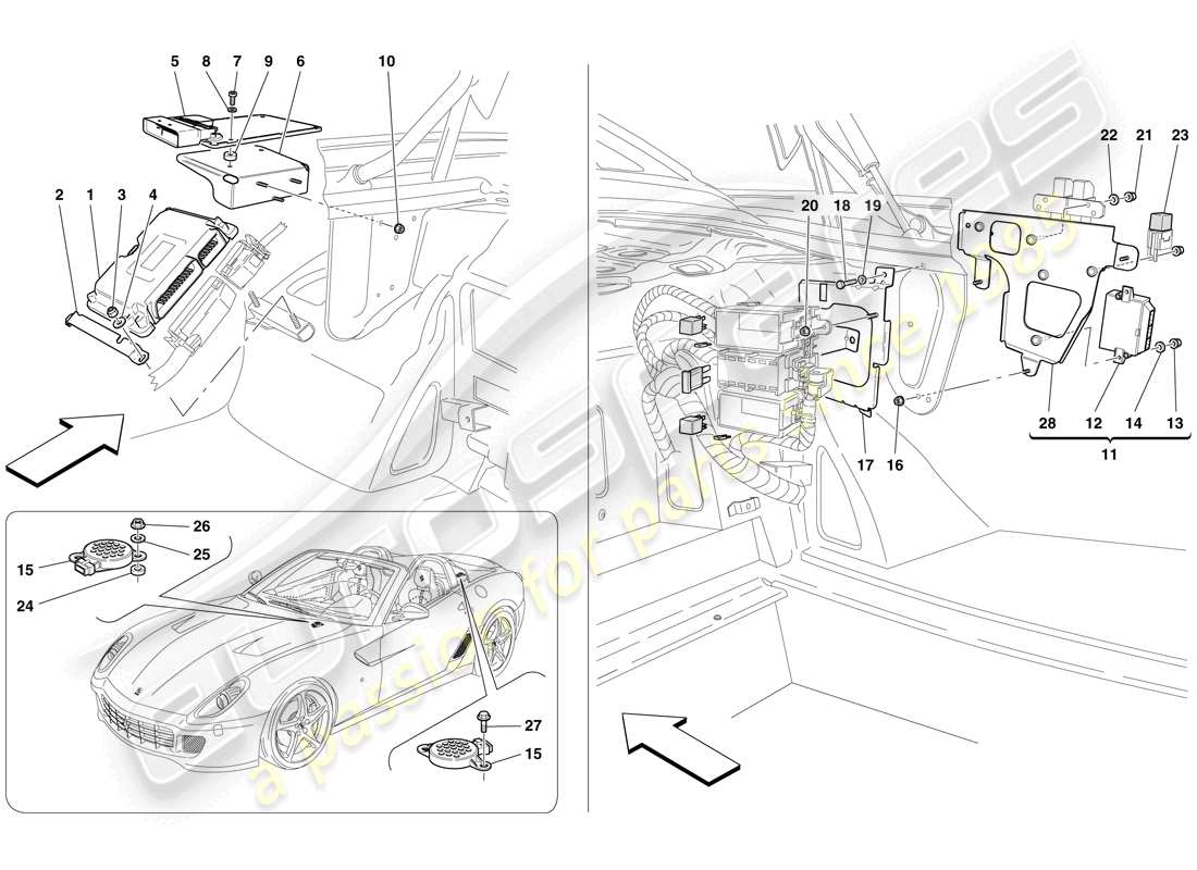 ferrari 599 sa aperta (rhd) steuergeräte für gepäckraum teilediagramm