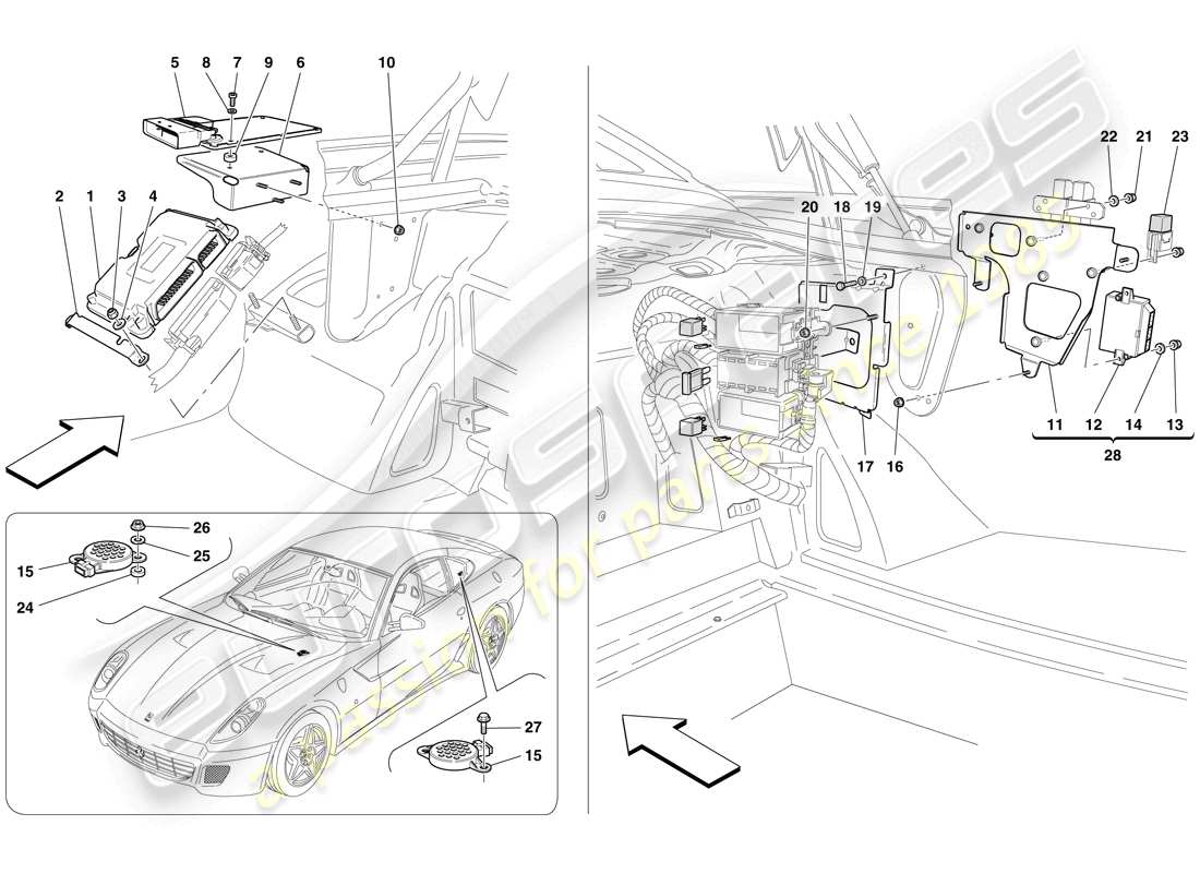 ferrari 599 gtb fiorano (rhd) steuergeräte für gepäckraum teilediagramm