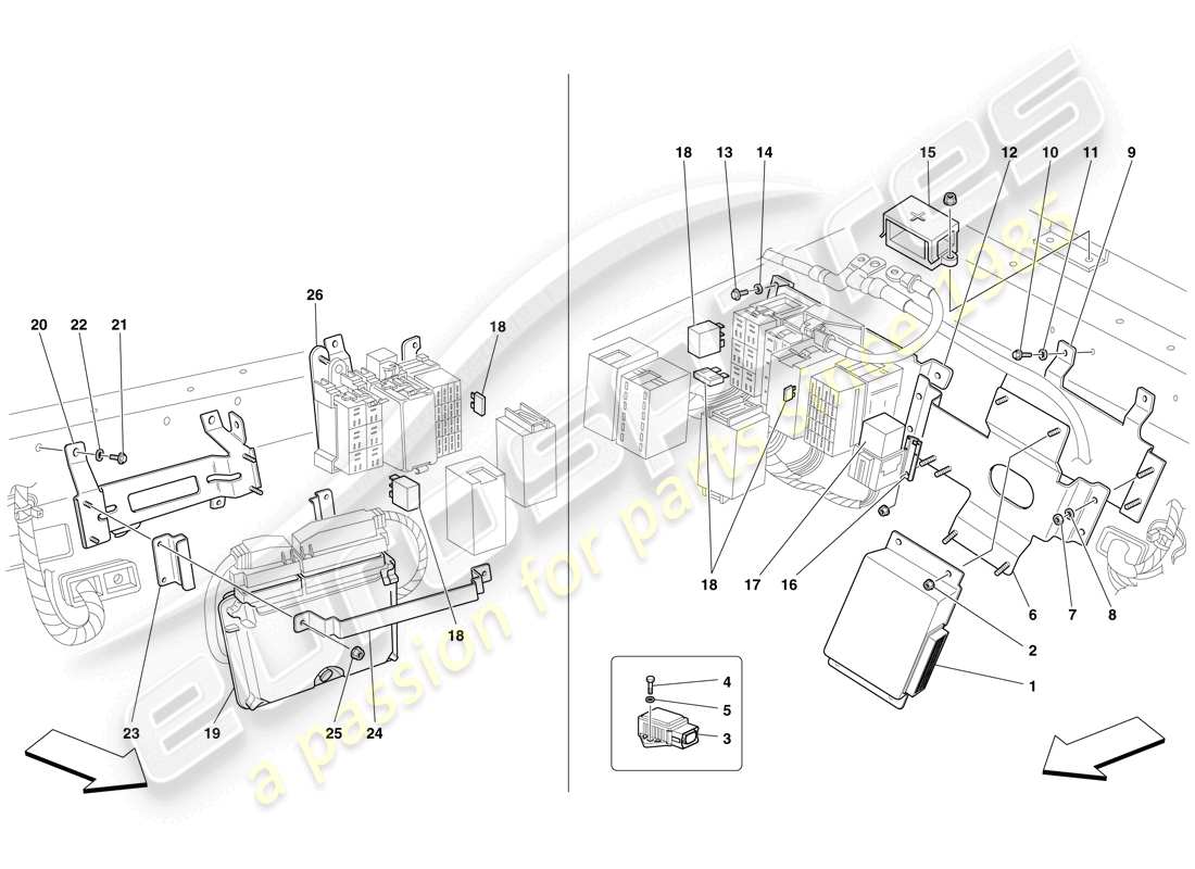 ferrari f430 scuderia (usa) teilediagramm für steuergeräte im hinteren fahrgastraum