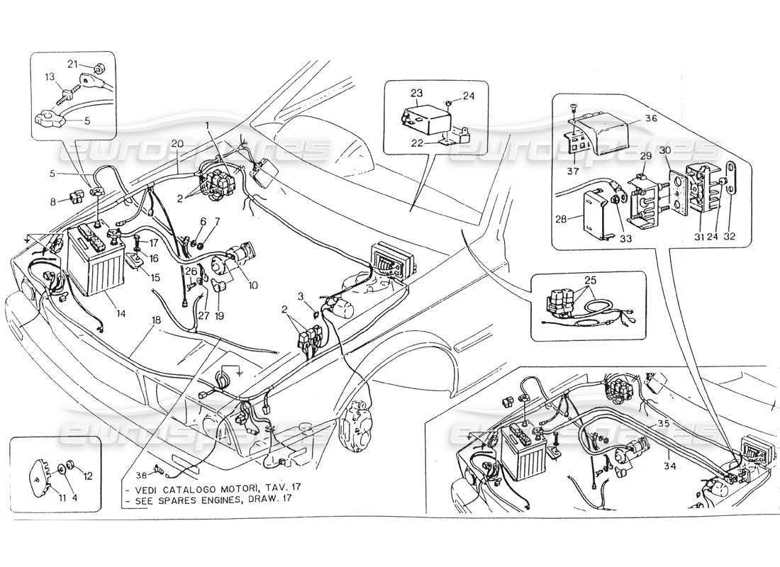 maserati 418 / 4.24v / 430 motorraum. elektrisches system, rechte lenkung. teilediagramm