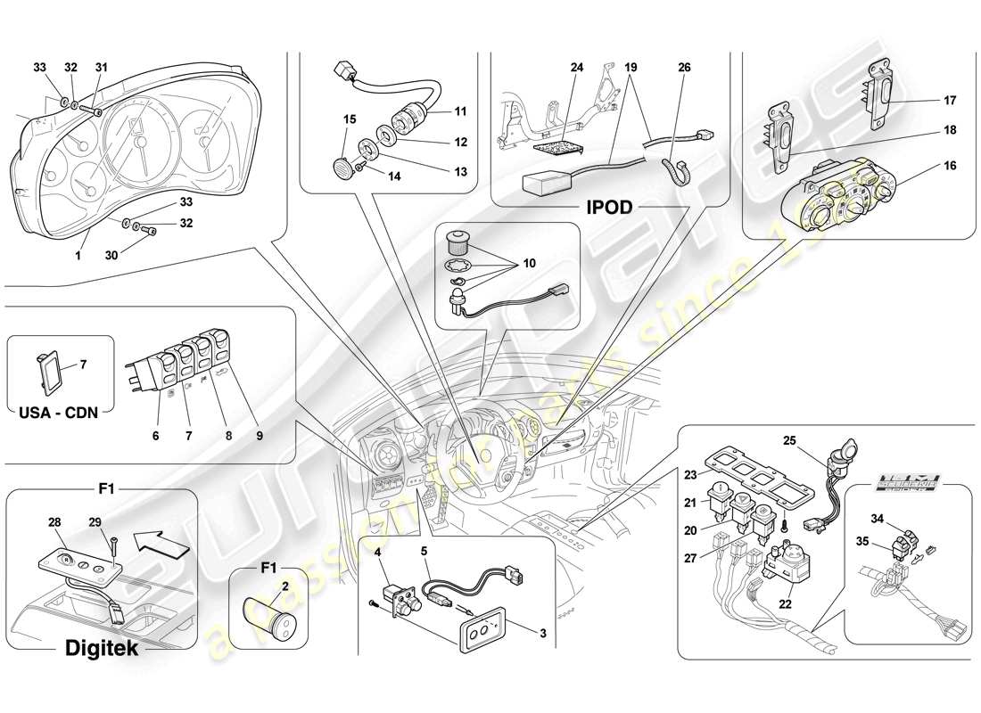 ferrari f430 scuderia spider 16m (usa) armaturenbrett- und tunnelinstrumente ersatzteildiagramm