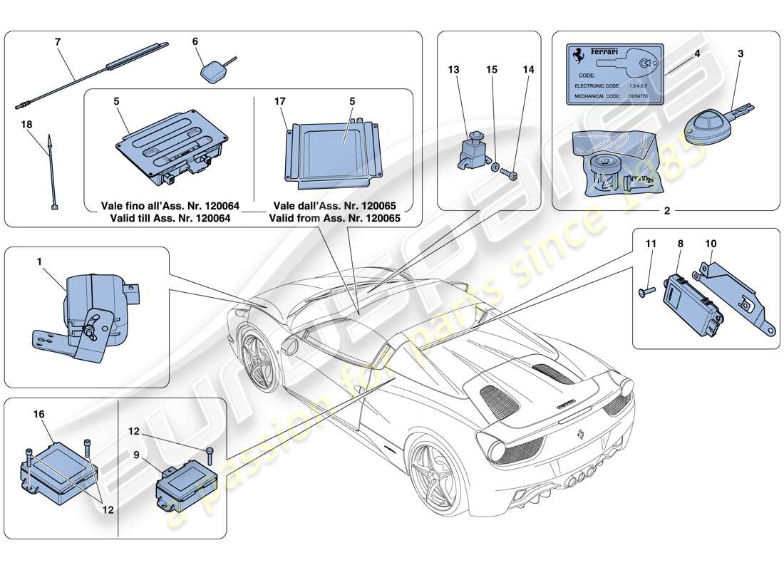 ferrari 458 spider (usa) diebstahlsicherungssystem - teilediagramm