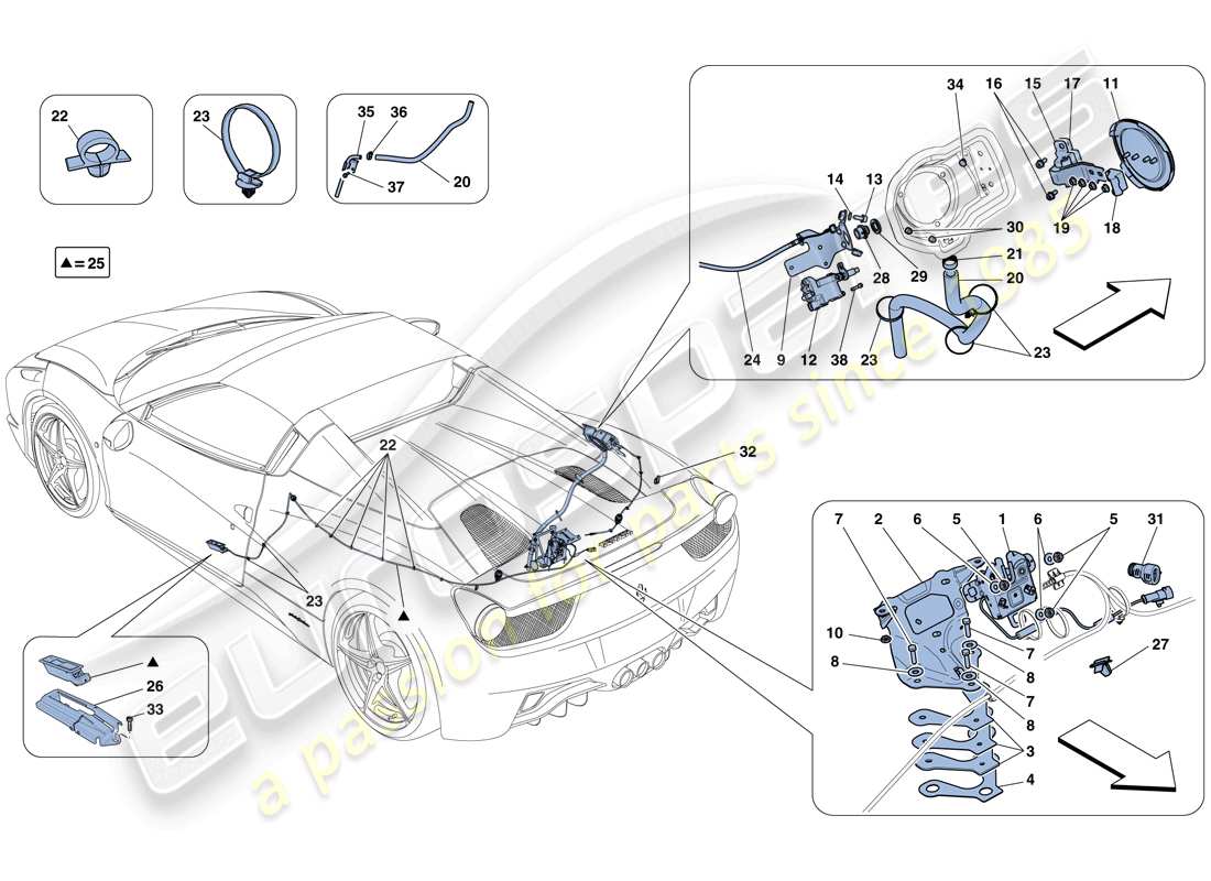ferrari 458 spider (usa) öffnungsmechanismen für motorraumdeckel und tankklappe teilediagramm
