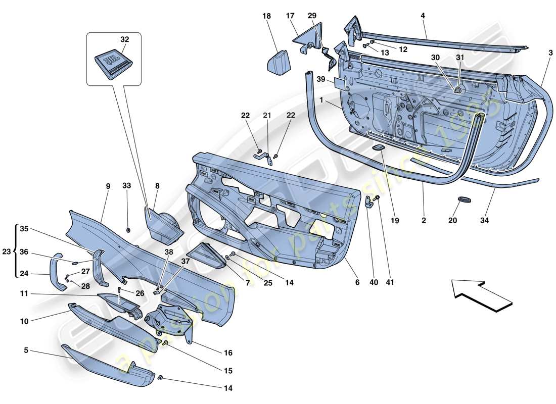 ferrari 458 spider (rhd) türen – unterkonstruktion und verkleidung teilediagramm