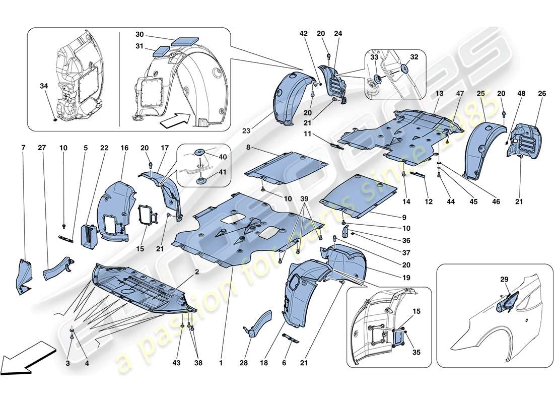 ferrari ff (usa) flache unterboden- und radkasten-ersatzteildiagramm