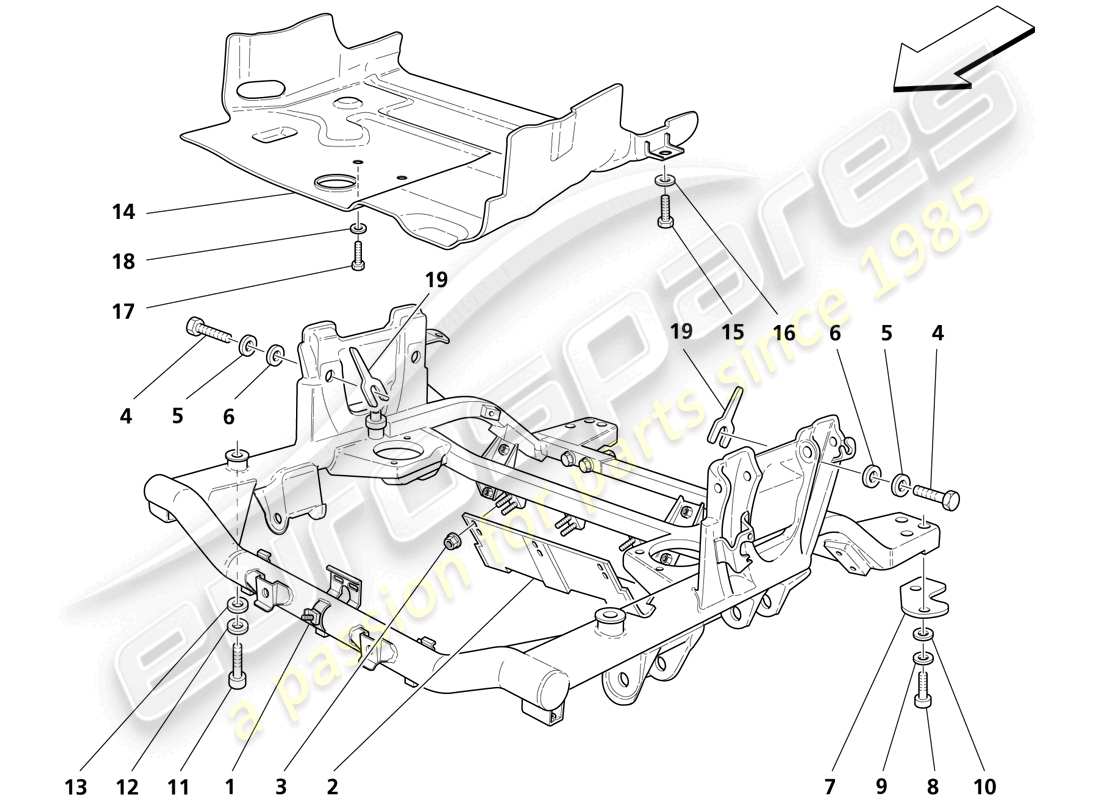 maserati trofeo teilediagramm für vorderen unterrahmen und untermotorschutz