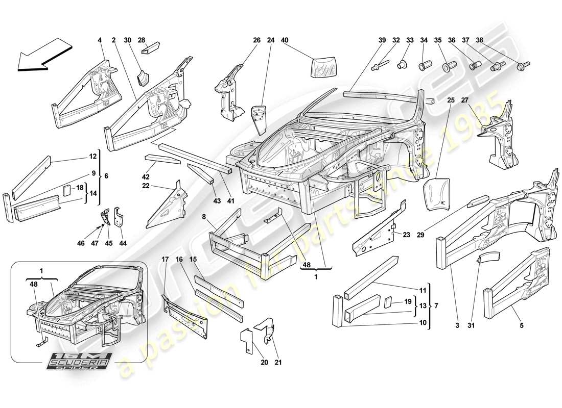 ferrari f430 scuderia spider 16m (rhd) fahrgestell - struktur, frontelemente und platten ersatzteildiagramm