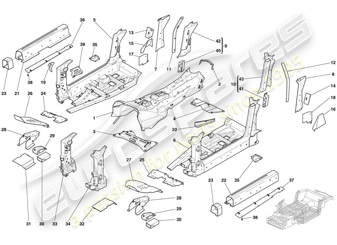 ferrari 612 scaglietti (europe) strukturen und elemente, fahrzeugmitte teilediagramm