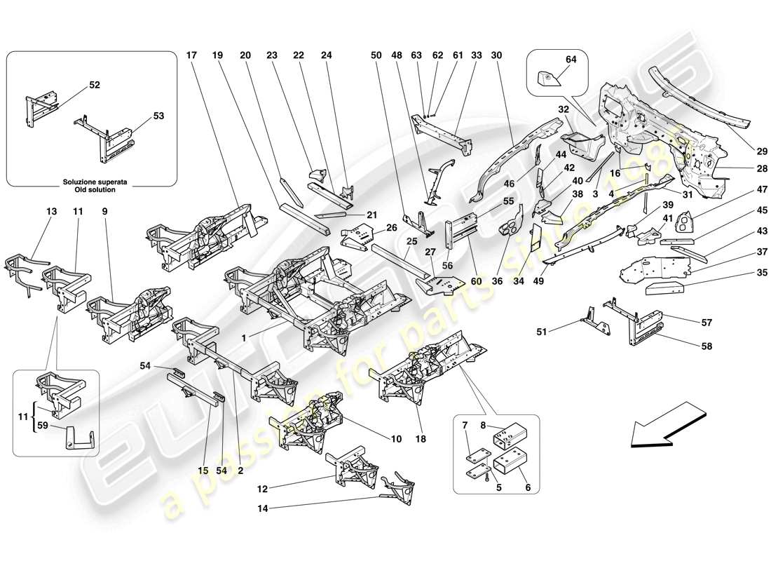 ferrari 599 gto (rhd) strukturen und elemente, vorne des fahrzeugs teilediagramm