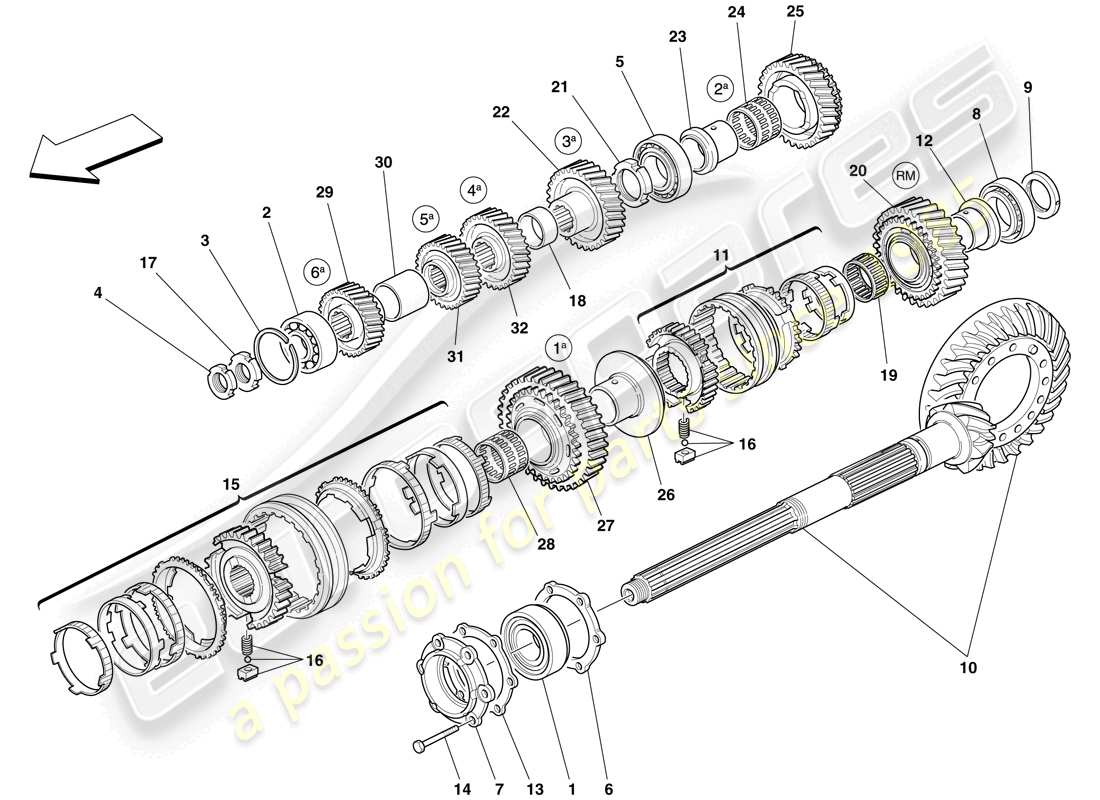 ferrari 612 sessanta (rhd) secondary gearbox shaft gears part diagram