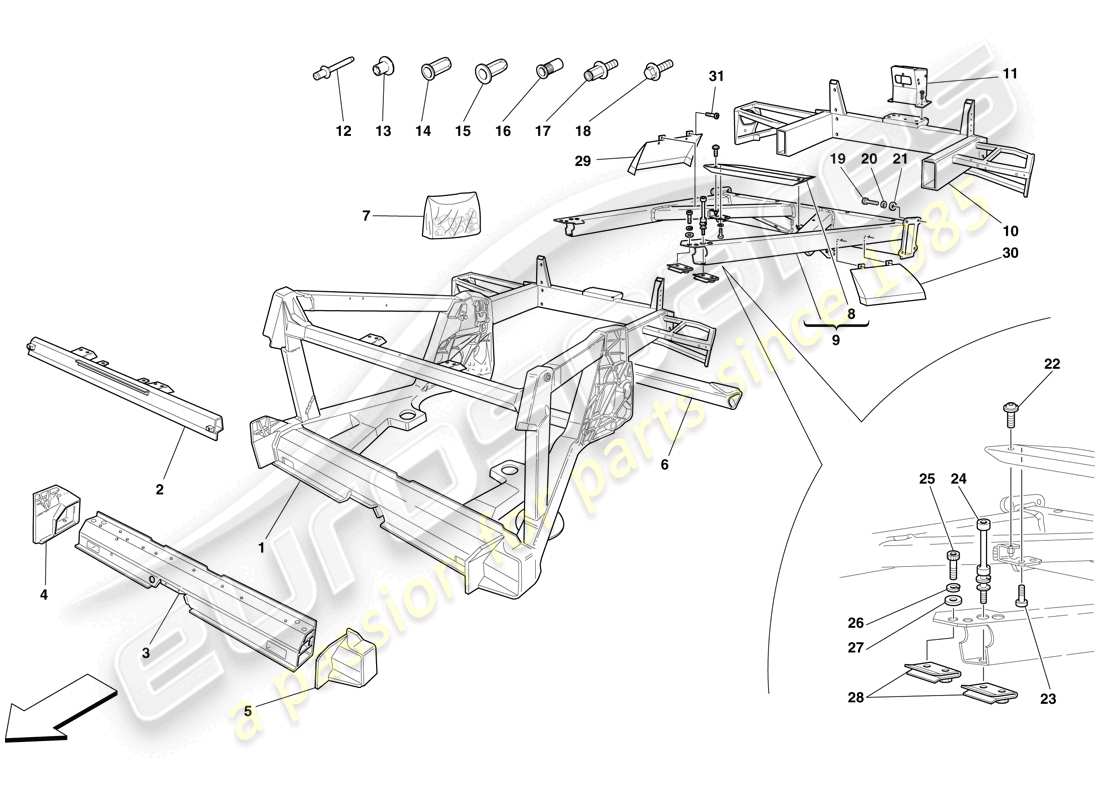 ferrari f430 spider (europe) fahrgestell - struktur, hintere elemente und platten ersatzteildiagramm