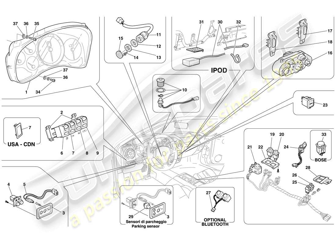 ferrari f430 spider (usa) armaturenbrett- und tunnelinstrumente ersatzteildiagramm