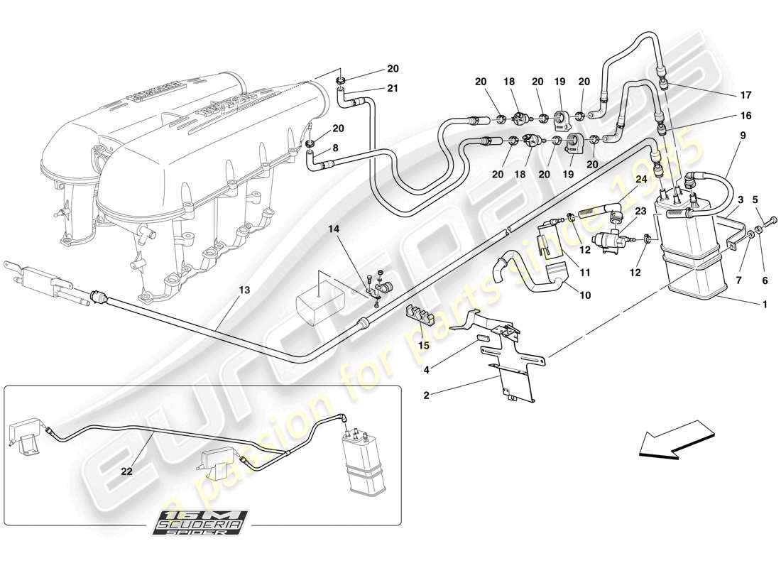 ferrari f430 scuderia (usa) teilediagramm für das verdunstungsemissions-kontrollsystem