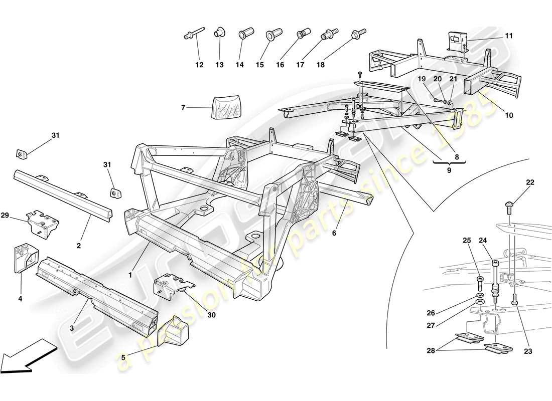 ferrari f430 coupe (europe) fahrgestell - struktur, hintere elemente und platten ersatzteildiagramm