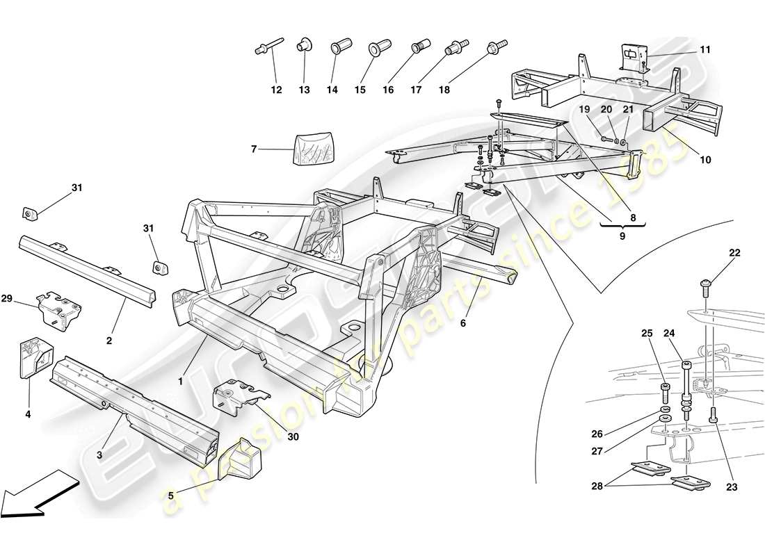 ferrari f430 coupe (europe) fahrgestell – struktur, hintere elemente und paneele teilediagramm