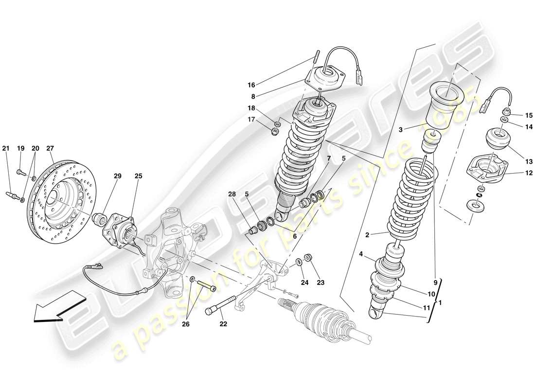 ferrari 612 scaglietti (europe) hinterradaufhängung - teilediagramm stoßdämpfer und bremsscheibe