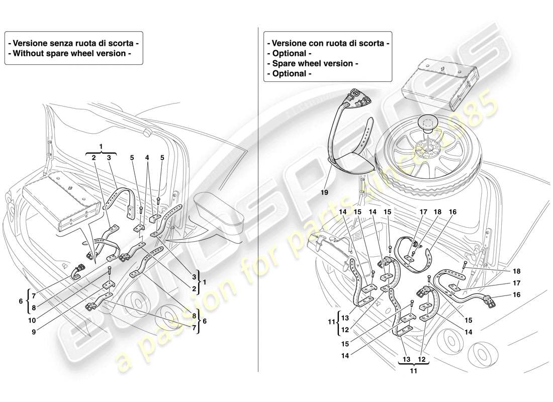 ferrari 612 scaglietti (rhd) befestigungen für reserverad und werkzeugtasche teilediagramm