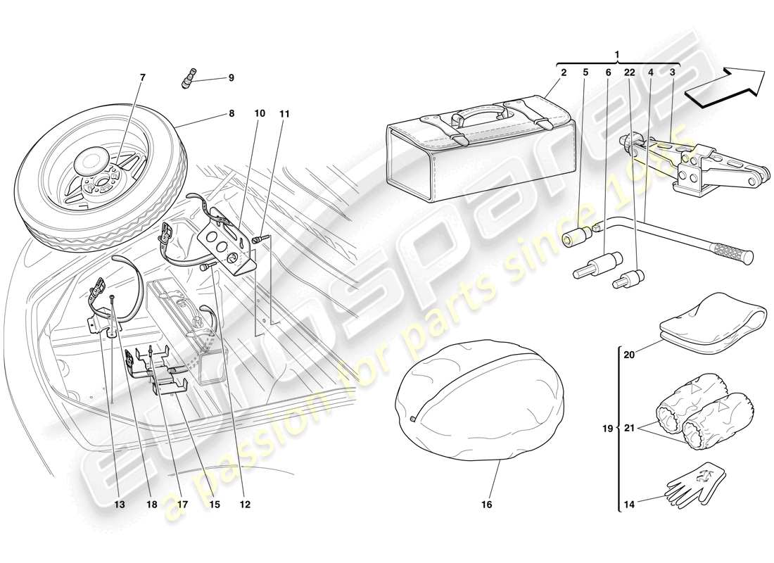 ferrari f430 scuderia (usa) ersatzrad und werkzeuge ersatzteildiagramm