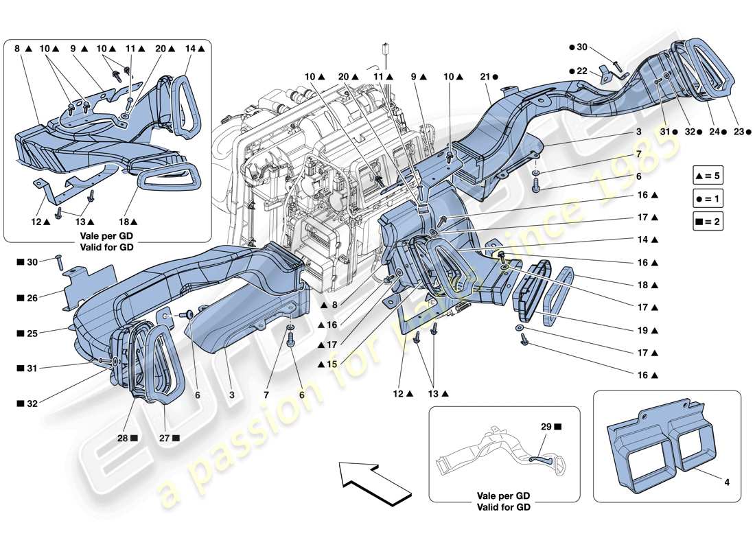 ferrari 458 spider (rhd) armaturenbrett-luftkanäle ersatzteildiagramm