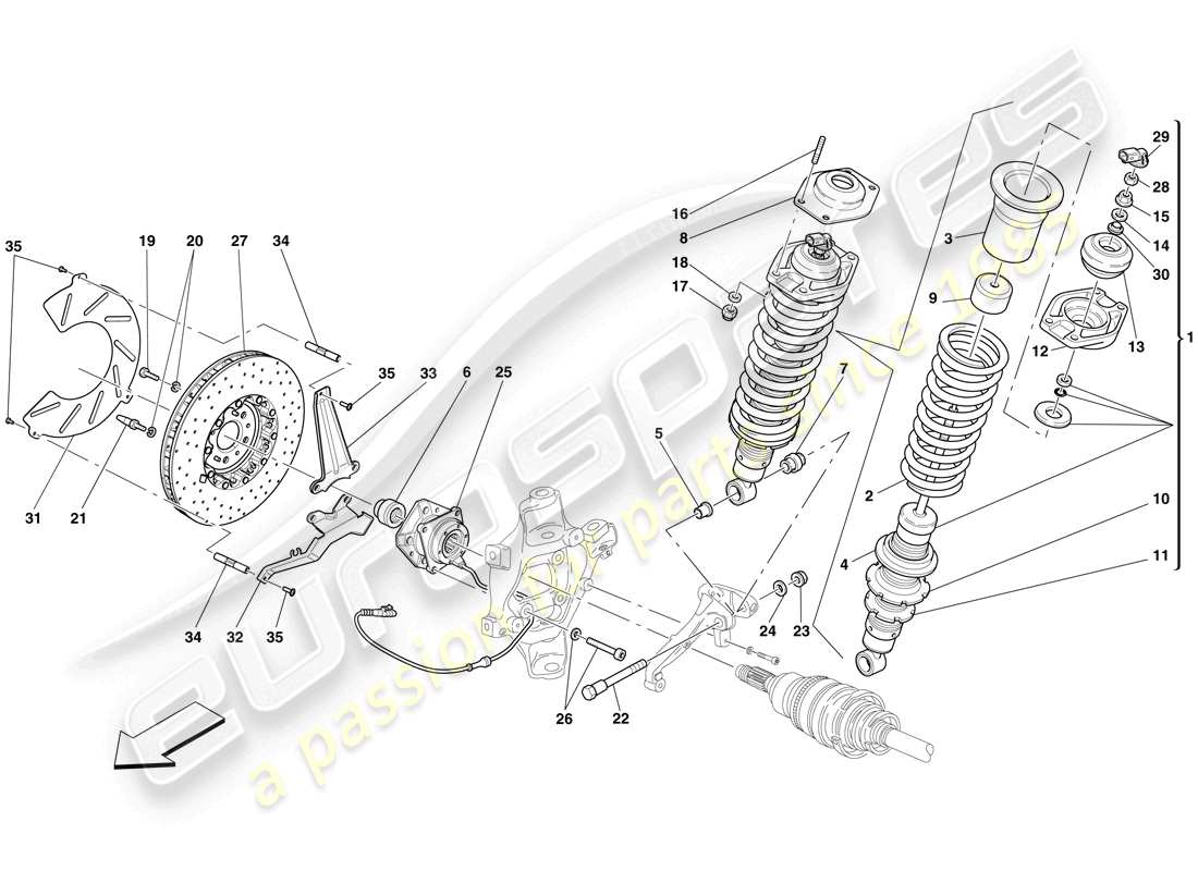 ferrari 599 gto (europe) hinterradaufhängung - teilediagramm stoßdämpfer und bremsscheibe